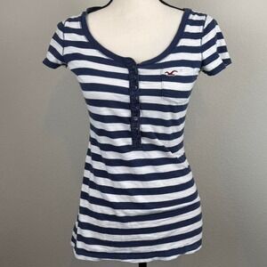 Hollister Striped Henley Baby Tee Navy White y2k Size: Small